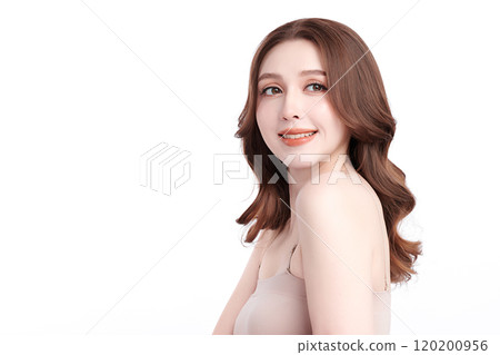 Beautiful young asian woman with clean fresh skin on white background, Face care, Facial treatment, Cosmetology, beauty and spa, Asian women portrait. 120200956