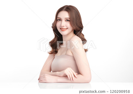Beautiful young asian woman with clean fresh skin on white background, Face care, Facial treatment, Cosmetology, beauty and spa, Asian women portrait. Beautiful young asian woman with clean fresh skin on white background, Face care, Facial treatment, Cosmetology, beauty and spa, Asian women portrait. 120200958