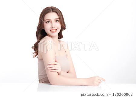 Beautiful young asian woman with clean fresh skin on white background, Face care, Facial treatment, Cosmetology, beauty and spa, Asian women portrait. Beautiful young asian woman with clean fresh skin on white background, Face care, Facial treatment, Cosmetology, beauty and spa, Asian women portrait. 120200962