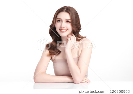 Beautiful young asian woman with clean fresh skin on white background, Face care, Facial treatment, Cosmetology, beauty and spa, Asian women portrait. Beautiful young asian woman with clean fresh skin on white background, Face care, Facial treatment, Cosmetology, beauty and spa, Asian women portrait. 120200963