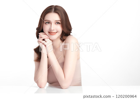 Beautiful young asian woman with clean fresh skin on white background, Face care, Facial treatment, Cosmetology, beauty and spa, Asian women portrait. Beautiful young asian woman with clean fresh skin on white background, Face care, Facial treatment, Cosmetology, beauty and spa, Asian women portrait. 120200964