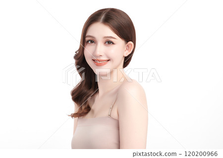 Beautiful young asian woman with clean fresh skin on white background, Face care, Facial treatment, Cosmetology, beauty and spa, Asian women portrait. Beautiful young asian woman with clean fresh skin on white background, Face care, Facial treatment, Cosmetology, beauty and spa, Asian women portrait. 120200966