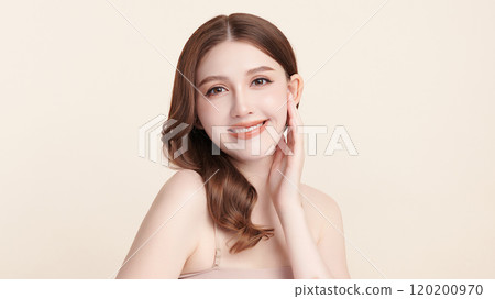 Beautiful young asian woman with clean fresh skin on beige background, Face care, Facial treatment, Cosmetology, beauty and spa, Asian women portrait. Beautiful young asian woman with clean fresh skin on beige background, Face care, Facial treatment, Cosmetology, beauty and spa, Asian women portrait. 120200970