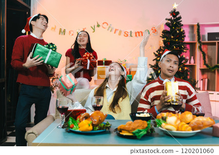 Drinks and conversation, at Merry Christmas and  New Year. Friends are happy and celebrating with food, wine and friendship of love and gift exchange at the event. 120201060