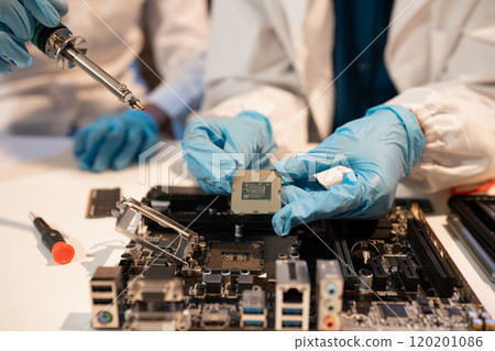 Close up of Technician measuring voltage electronic circuit board, Service after sale fix electric equipment. 120201086