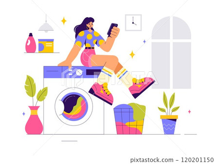 Vector Illustration of a Laundry Room with Washing and Drying Machines, a Basket Filled with Dirty Clothes in a Flat Style Cartoon Background 120201150