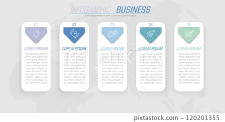 Infographics. 5 stages of development, marketing, workflow or plan. Business strategy with icons. Report and statistics diagram Infographics. 5 stages of development, marketing, workflow or plan. Business strategy with icons. Report and statistics diagram 120201355