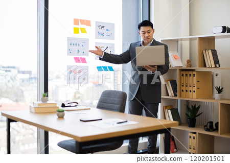 Asian businessman presenting data during a video call meeting Asian businessman presenting data during a video call meeting 120201501