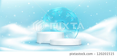 White circular podium on snowy winter background White circular podium on snowy winter background 120201515