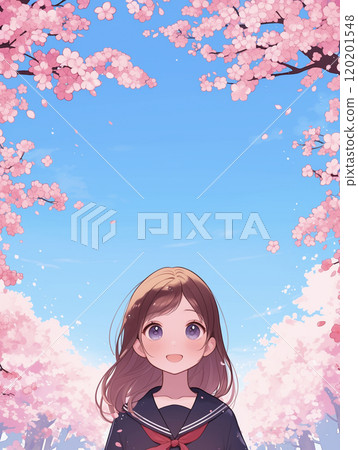 Female students taking a commemorative photo under a cherry tree AI image 120201548