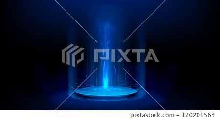 Hi-tech hologram portal with light beam on black 120201563