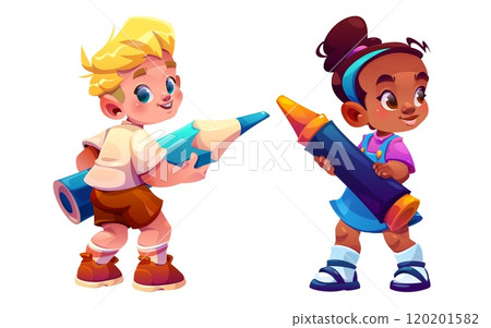 Cheerful cartoon characters holding giant crayons Cheerful cartoon characters holding giant crayons 120201582