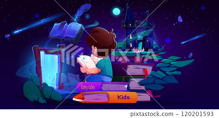 Boy reading open magical tale book 120201593