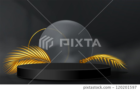 Black podium with golden palm branch Black podium with golden palm branch 120201597