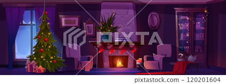 Home room interior with fireplace on Christmas eve 120201604