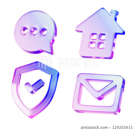 3d set of glass holographic transparent ui icon. Render crystal gradient symbols of email envelope, shield with tick sign, home and speech bubble for business, app and web design. 3D illustration 120201611