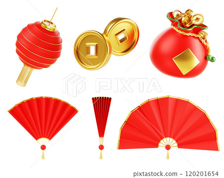 Chinese traditional 3d elements for oriental new year design. Asian set of red paper lantern, gold lucky coin, money bag with yuan cash, japanese hand folding fan, cartoon render icon. 3D illustration Chinese traditional 3d elements for oriental new year design. Asian set of red paper lantern, gold lucky coin, money bag with yuan cash, japanese hand folding fan, cartoon render icon. 3D illustration 120201654