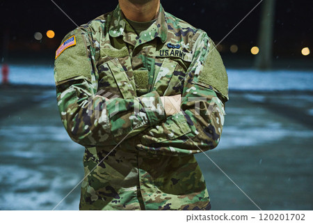 True soldiers stand their ground. Cropped shot of a soldier standing outside on a cold night at a military academy. 120201702