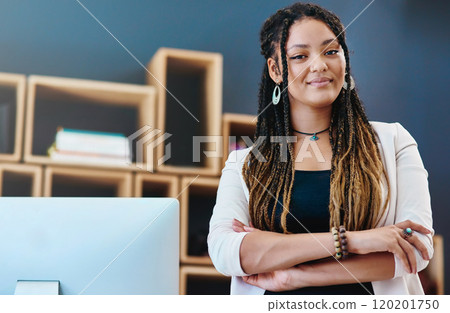 Youve gotta be confident if you wanna succeed. Cropped portrait of an attractive young woman standing with her arms crossed in her home office. 120201750