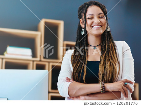 Ive finally started my own business. Cropped portrait of an attractive young woman standing with her arms crossed in her home office. 120201776