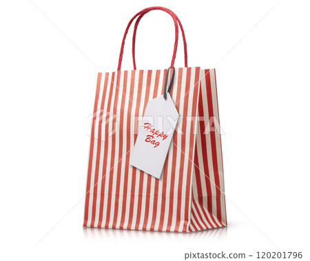 A red striped paper bag with a Happy Bag tag. A red striped paper bag with a Happy Bag tag. 120201796