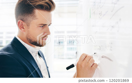 With new opportunity comes a new strategy. Shot of a young businessman strategising on a whiteboard in a modern office. 120201869