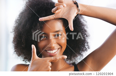 Whats your frame of reference. Portrait of a confident young woman making a finger frame. 120201904