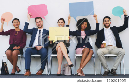 Dont be afraid to express yourself. Full length portrait of a diverse group of businesspeople sitting and holding blank cards while in the office. Dont be afraid to express yourself. Full length portrait of a diverse group of businesspeople sitting and holding blank cards while in the office. 120201905