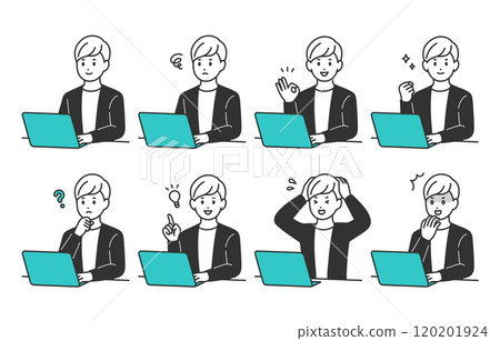 A set of young men with various expressions and poses while looking at a computer [People vector illustration material] 120201924