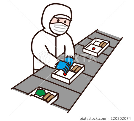A worker in a white sanitary uniform prepares lunch boxes on the assembly line at a food factory 120202074