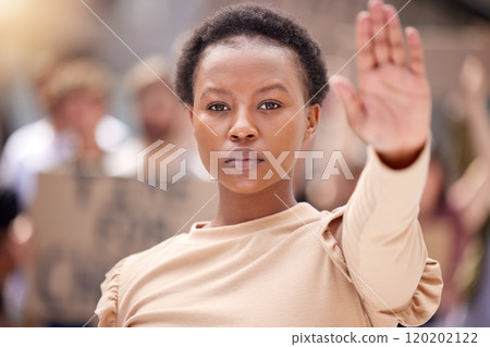 Youll get nothing more from me. Shot of a young woman holding her hand up to stop at a protest. 120202122