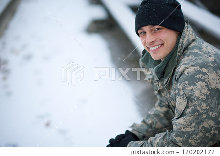 Its cold but I stay committed. Shot of a young soldier sitting outside on a snowy day. Its cold but I stay committed. Shot of a young soldier sitting outside on a snowy day. 120202172