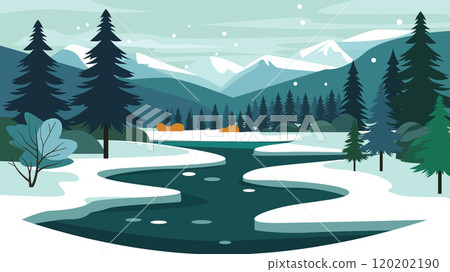 Mountain Nature Landscape with River and Pine Tree in Snow Winter Season 120202190