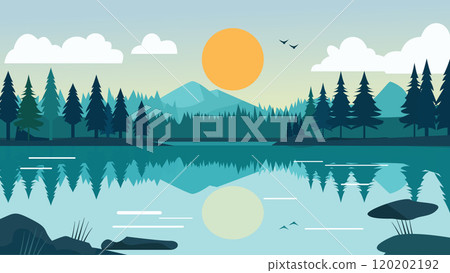 Mountain Nature Landscape with River Lake and Pine Tree in Snow Winter Season 120202192