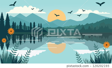 Mountain Nature Landscape with River Lake and Pine Tree in Snow Winter Season 120202193