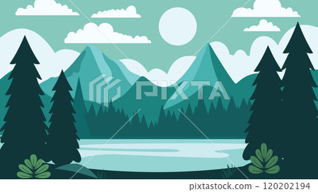 Mountain Nature Landscape with River Lake and Pine Tree in Snow Winter Season Mountain Nature Landscape with River Lake and Pine Tree in Snow Winter Season 120202194