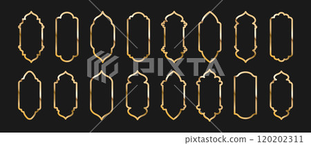 Set of Shape Islamic Windows. Golden Muslim frames isolated on dark background. Collection of arches in oriental style. Flat Vector illustration Set of Shape Islamic Windows. Golden Muslim frames isolated on dark background. Collection of arches in oriental style. Flat Vector illustration 120202311