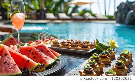 Pastries and watermelon poolside. Generative AI 120202621