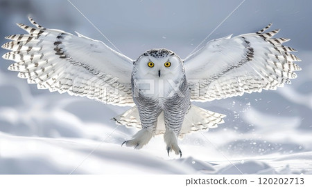 Snowy Owl landing. Generative AI 120202713
