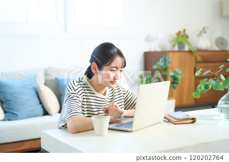 Young woman looking at computer screen, living room, one-room apartment 120202764