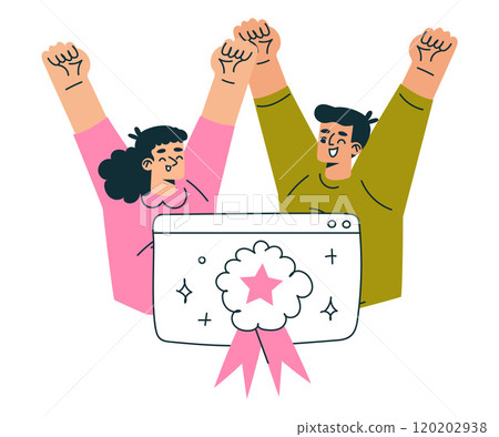 Productive Workflow with Man and Woman Cheering Gain Certificate of Success Managing Task Vector Illustration 120202938