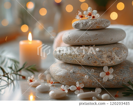 Photo of spa background with stones and bamboo Photo of spa background with stones and bamboo 120203485