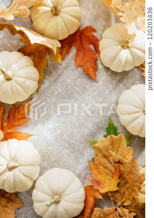circular arrangement of white and orange mini pumpkins on a woven mat, accented with autumn leaves. A cozy and seasonal setup for fall or Thanksgiving decor. 120203836
