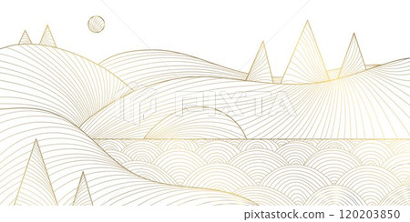 Vector winter line landscape, Christmas golden line background. Mountains and trees, ice illustration, nature minimalist pattern. 120203850