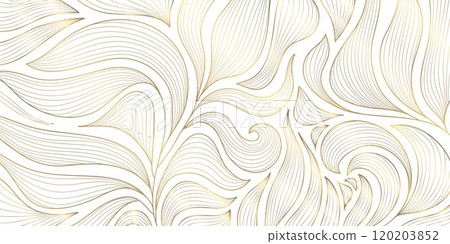 Vector art deco floral pattern, wavy luxury golden line background. Leaves texture, line design for interior, textile, poster, package, wrappers, gifts 120203852