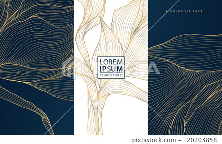 Vector set of leaf abstract pattern, floral line golden labels, posters, elegant luxury plant cards. Herbal illustrations, package. Vector set of leaf abstract pattern, floral line golden labels, posters, elegant luxury plant cards. Herbal illustrations, package. 120203858