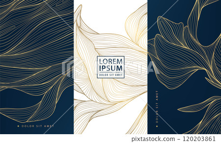 Vector set of leaf abstract pattern, floral line golden labels, posters, elegant luxury plant cards. Herbal illustrations, package. 120203861