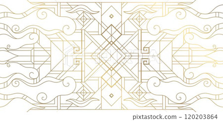 Vector abstract east, korean geometric background with line clouds. Gold on white ornament, frame with swirls. Chinese new year ornament. Vector abstract east, korean geometric background with line clouds. Gold on white ornament, frame with swirls. Chinese new year ornament. 120203864