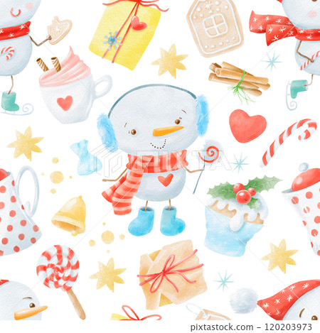 Watercolor Christmas seamless pattern winter background. Can be used for wrapping paper, textile, wallpaper, cards. Watercolor Christmas seamless pattern winter background. Can be used for wrapping paper, textile, wallpaper, cards. 120203973