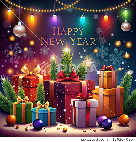 christmas background with gifts box text happy new year 120204089